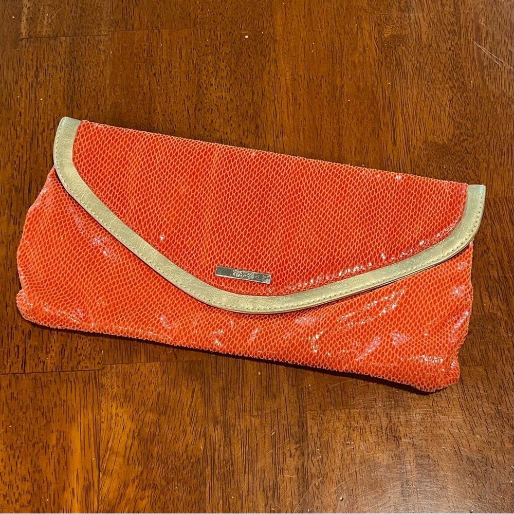Kenneth Cole Reaction Orange Snakeskin Clutch Bag Gold Trim Metallic Envelope